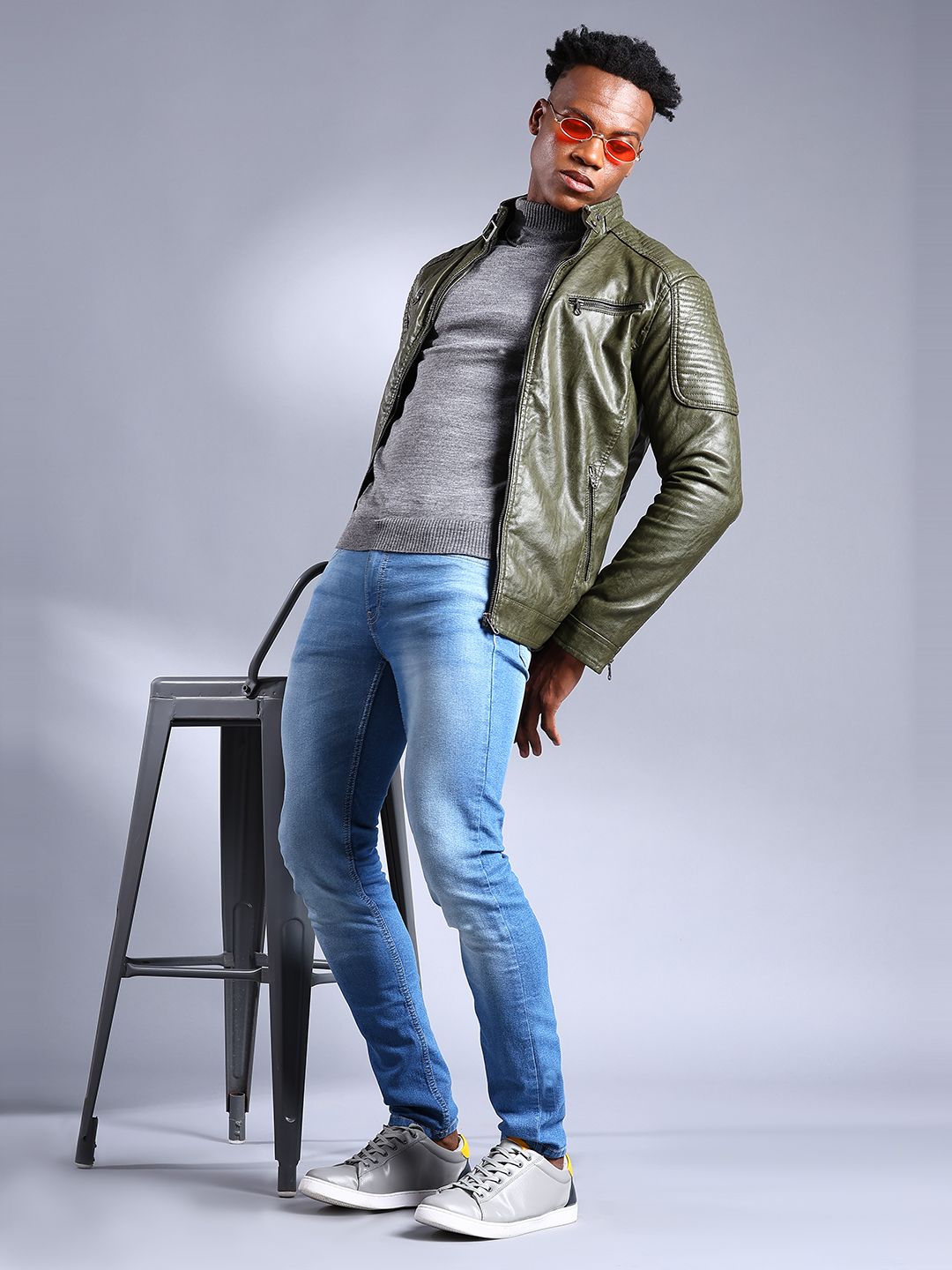 The Indian Garage Co Men Olive Green Solid Faux Biker Jacket