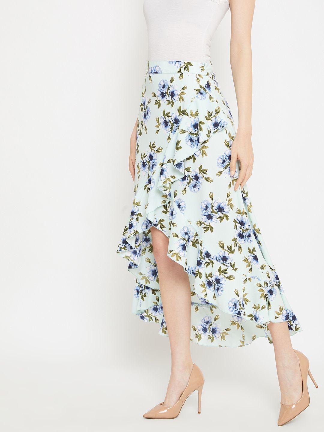 Berrylush Sea Green & Blue Floral Printed Wrap Midi Skirt
