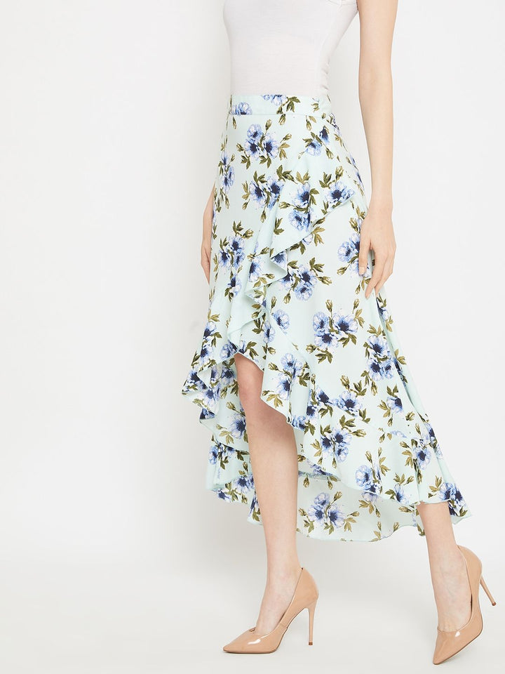 Berrylush Sea Green & Blue Floral Printed Wrap Midi Skirt