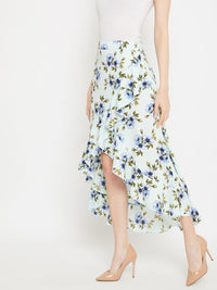 Berrylush Sea Green & Blue Floral Printed Wrap Midi Skirt