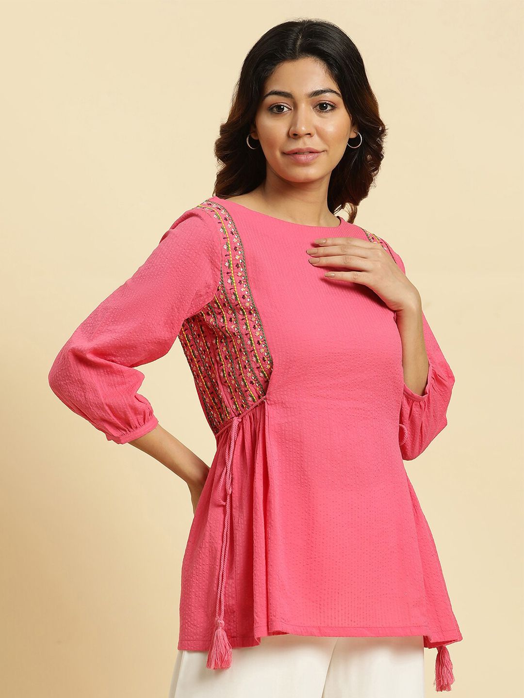 W Round Neck Embroidered Pure Cotton Top