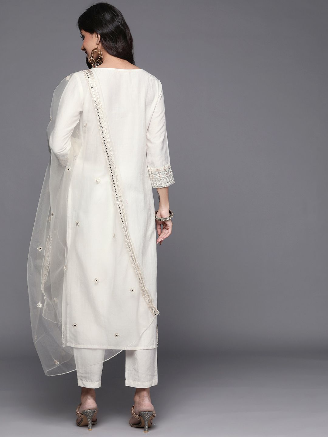 Indo Era Women White Ethnic Motifs Embroidered Kurta with Trousers & With Dupatta