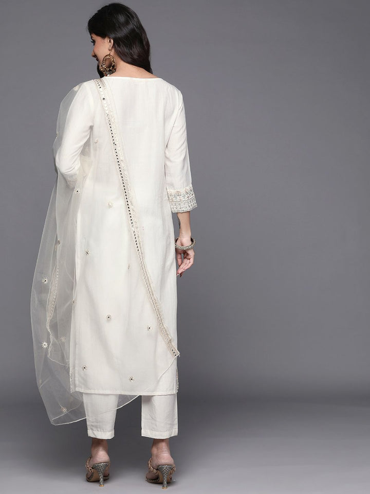 Indo Era Women White Ethnic Motifs Embroidered Kurta with Trousers & With Dupatta