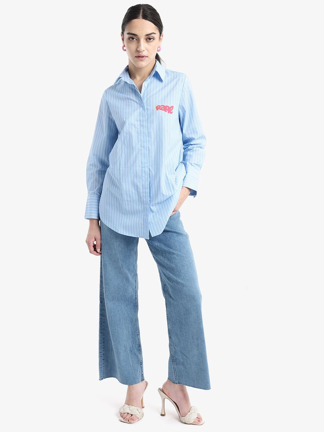 RAREISM Women Vertical Striped Cotton Shirt Collar Longline Top