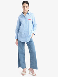 RAREISM Women Vertical Striped Cotton Shirt Collar Longline Top