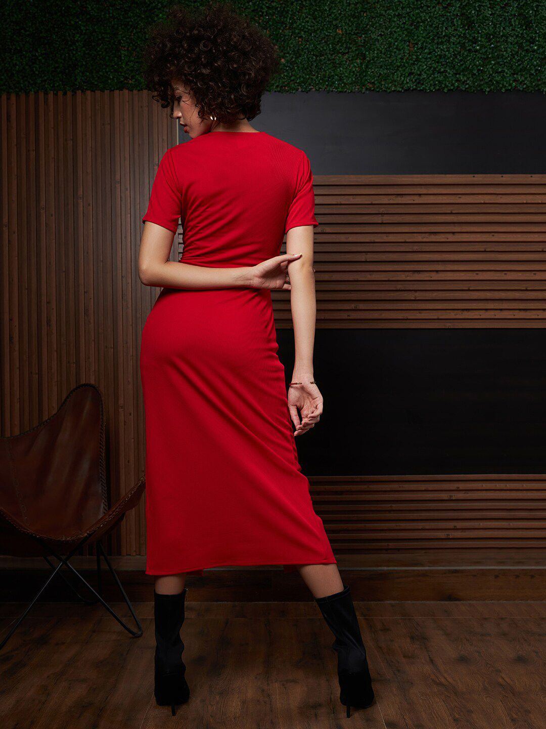 Athena Red Round Neck Short Sleeves Cut-Outs Sheath Midi Dress