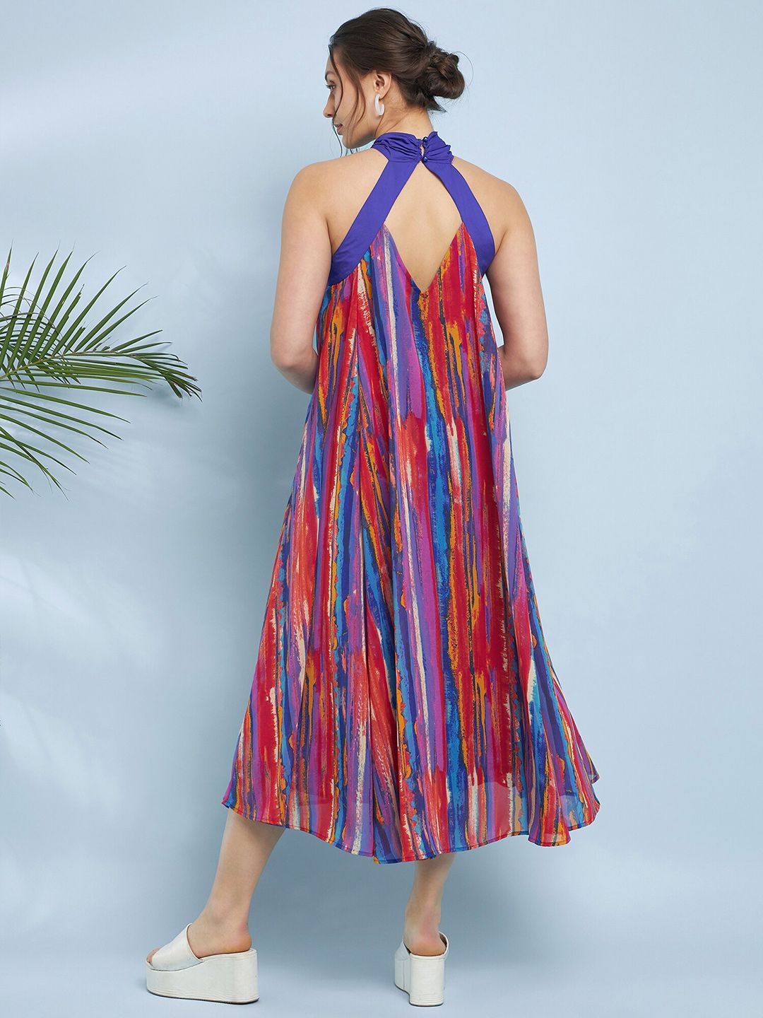 Antheaa Striped Printed Halter Neck A-Line Midi Dress