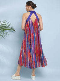 Antheaa Striped Printed Halter Neck A-Line Midi Dress