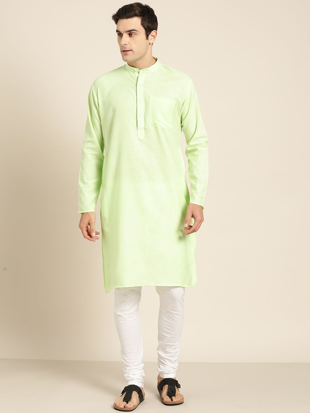 SOJANYA Men Lime Green Solid Straight Kurta
