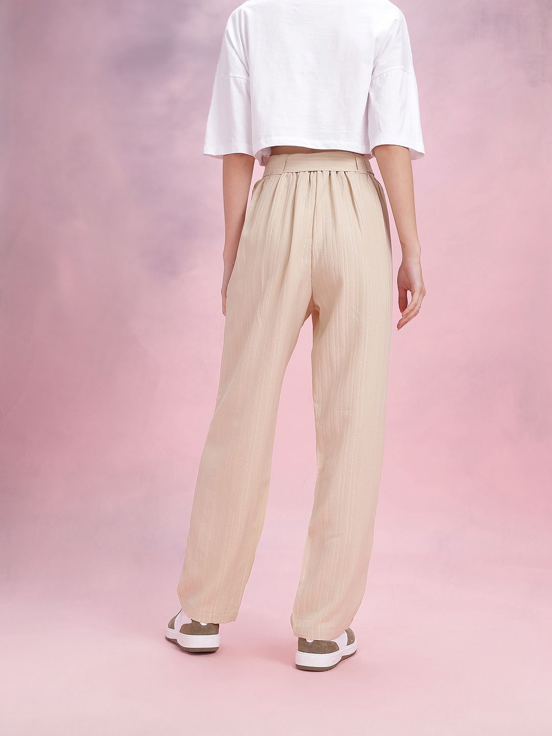 DressBerry Women Self Striped Belted Trousers