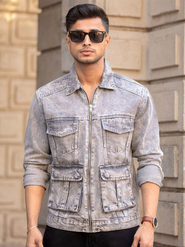 Powerlook Men Spread Collar Washed Solid Cotton Casual Denim Jacket