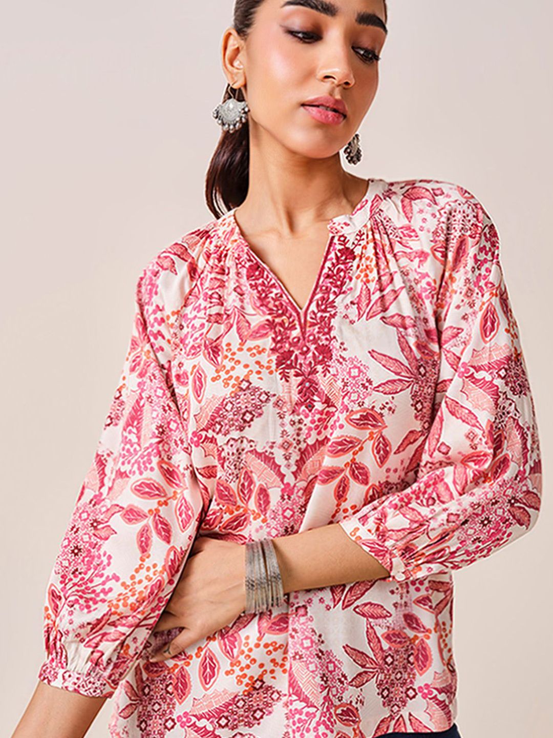 Global Desi Floral Printed Mandarin Collar Top