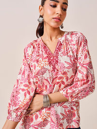 Global Desi Floral Printed Mandarin Collar Top