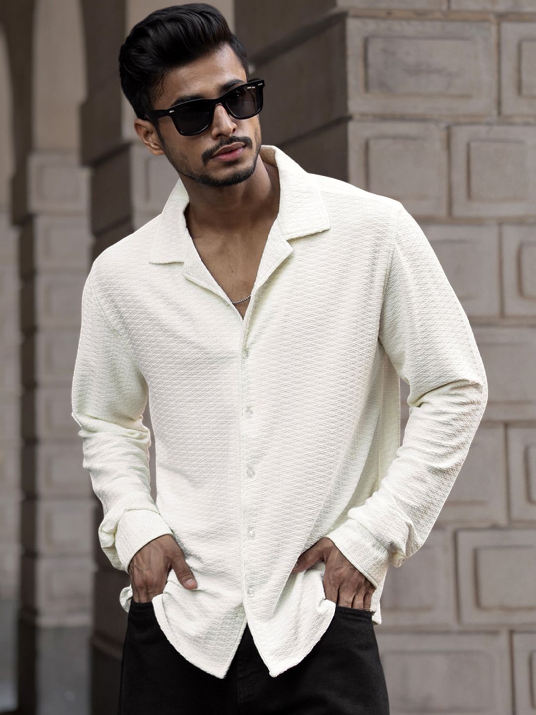 Powerlook Men Cuban Collar Textured Relaxed Fit Casual Shirt