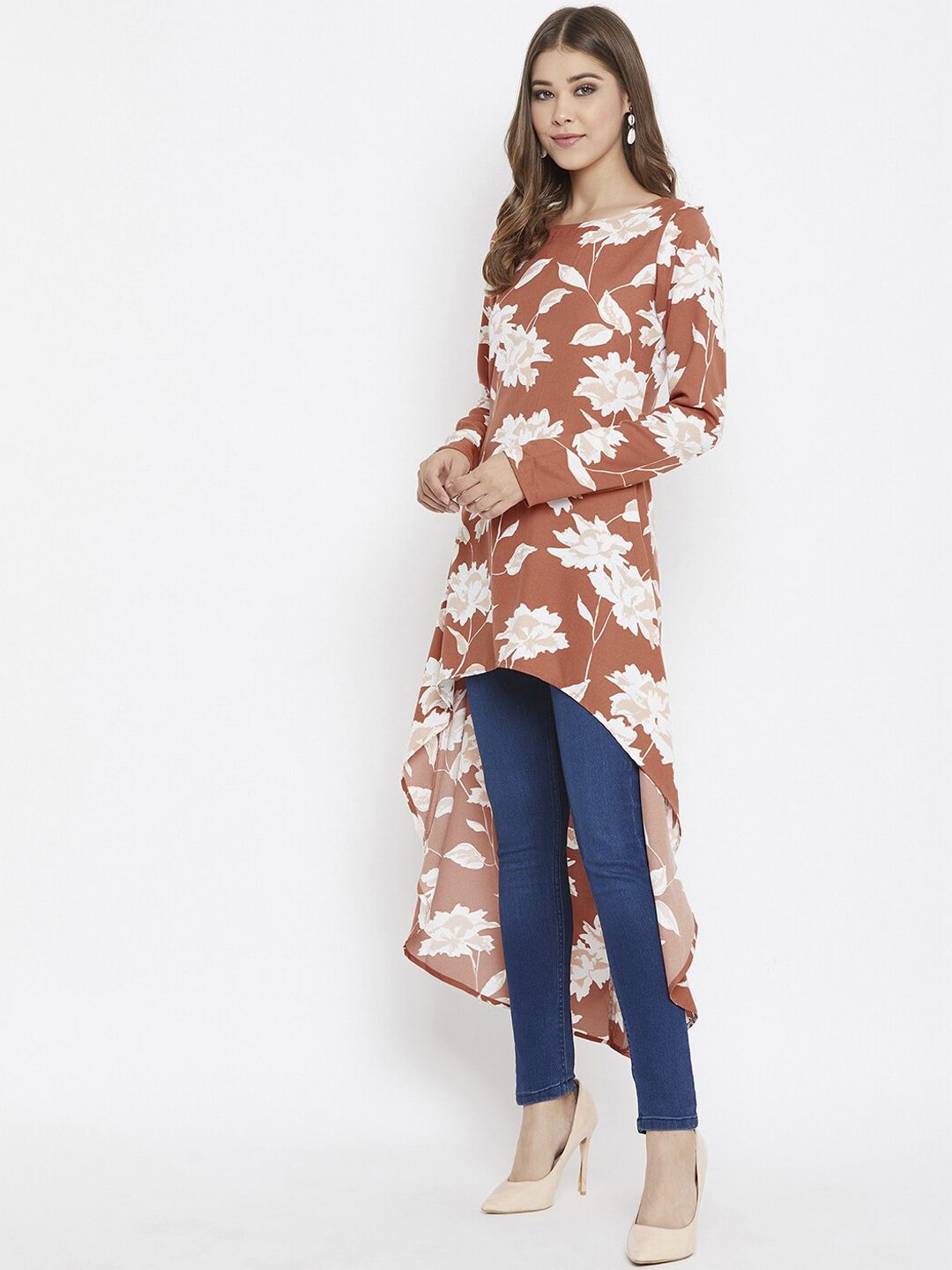Berrylush Brown & White Floral Printed Crepe High-Low Longline Top