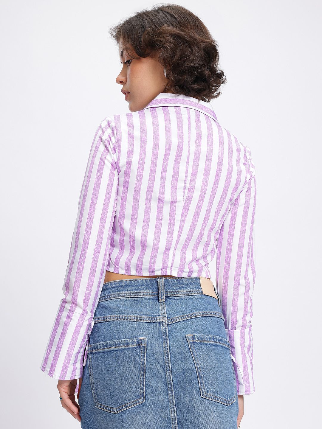 DressBerry Striped Ruched Shirt Style Crop Top