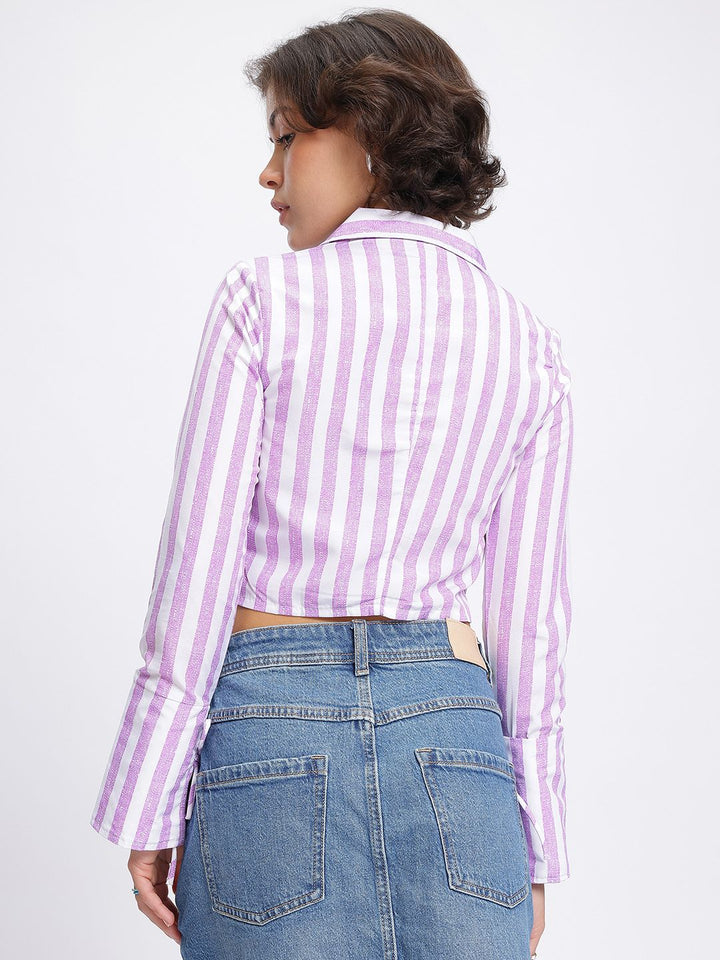 DressBerry Striped Ruched Shirt Style Crop Top