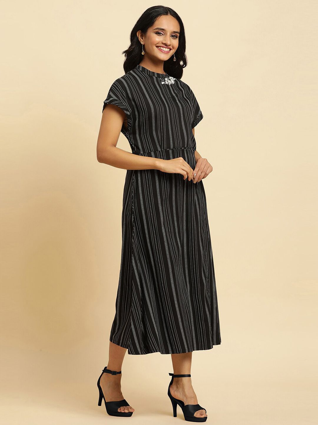 W Striped Cotton A-Line Midi Dress