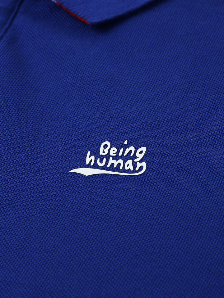 Being Human Men Blue Solid Polo Collar Pure Cotton T-shirt