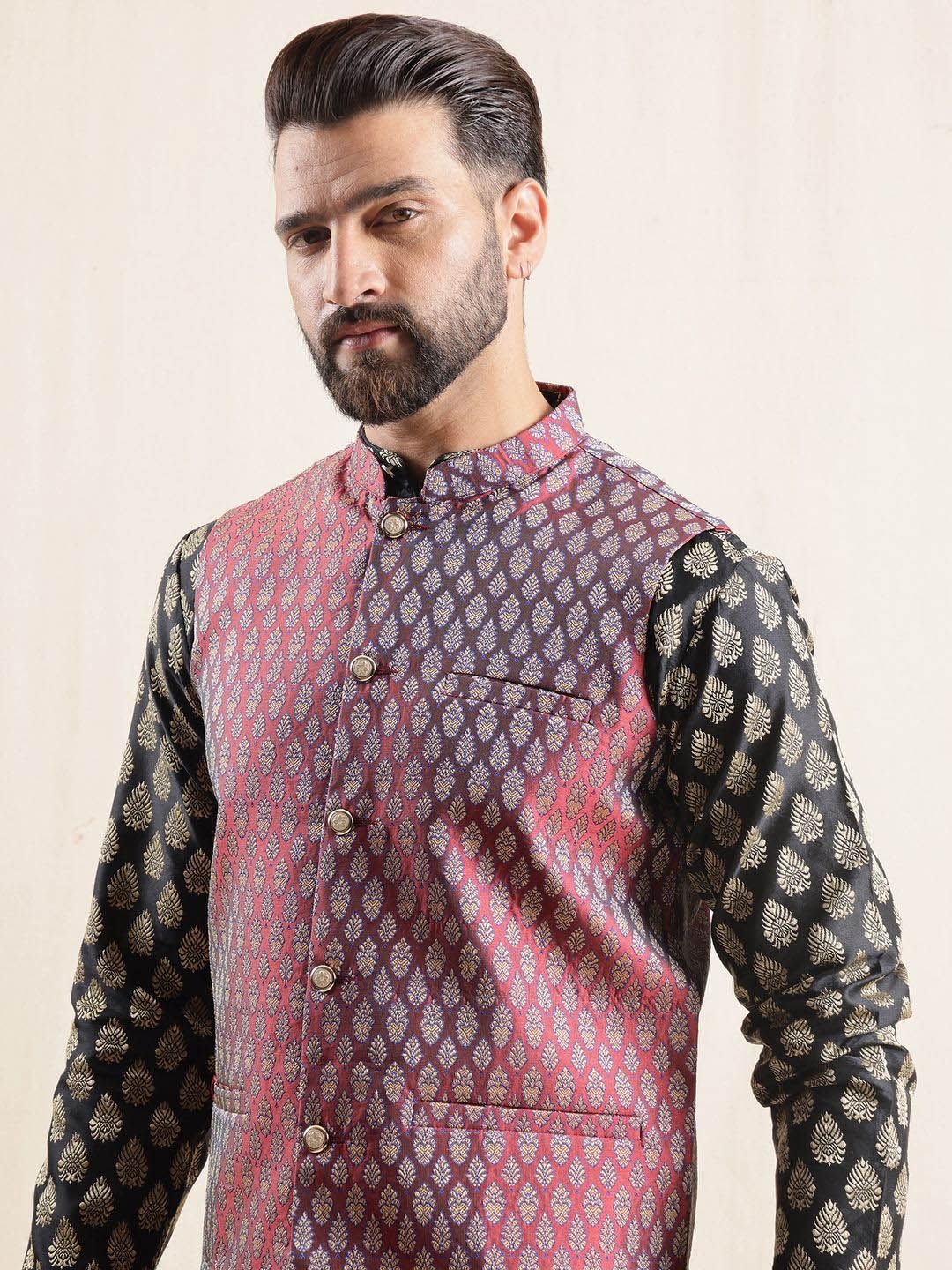 Anouk Men Floral Printed Kurta with Pyjamas & Nehru Jacket