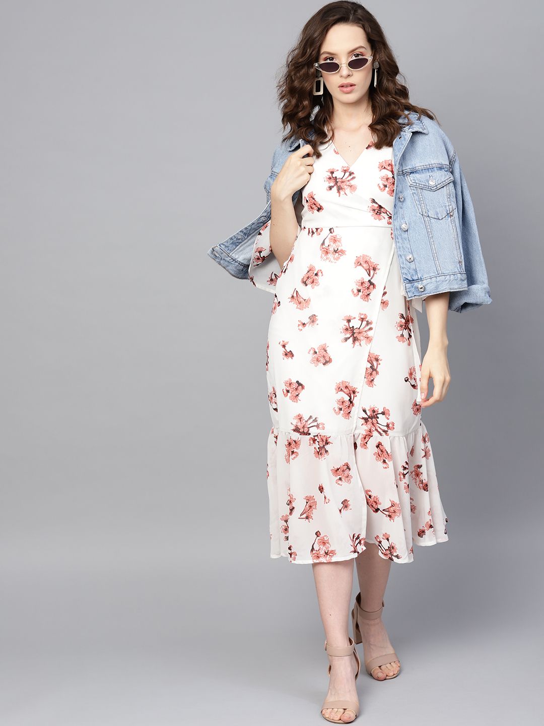 SASSAFRAS White & Pink Floral Print Wrap Dress