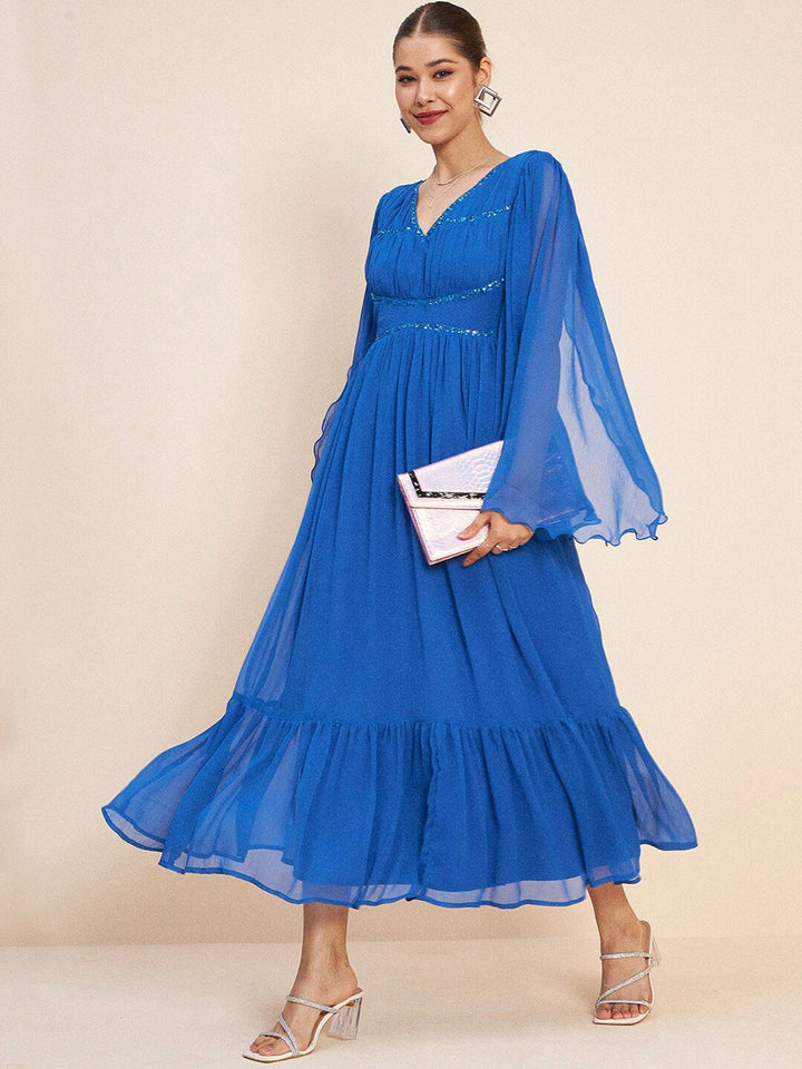 Antheaa Blue V-Neck Slit Sleeves Embellished Detail Maxi Dress