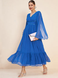 Antheaa Blue V-Neck Slit Sleeves Embellished Detail Maxi Dress