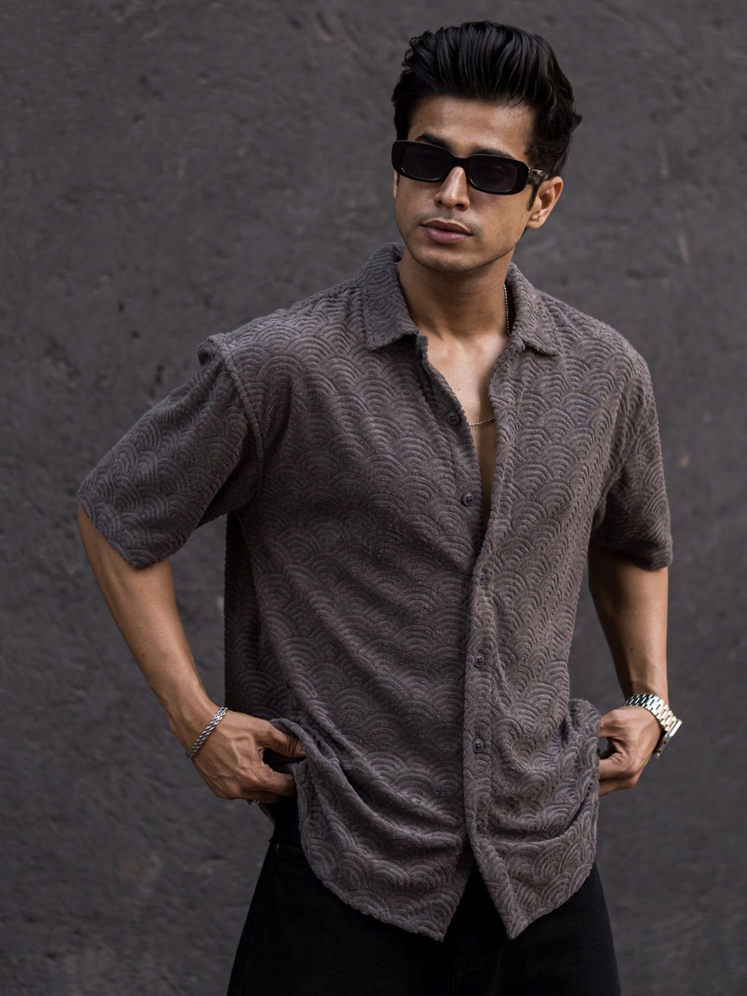 Powerlook Grey India Slim Oversized Fit Jacquard Self Design Casual Shirt