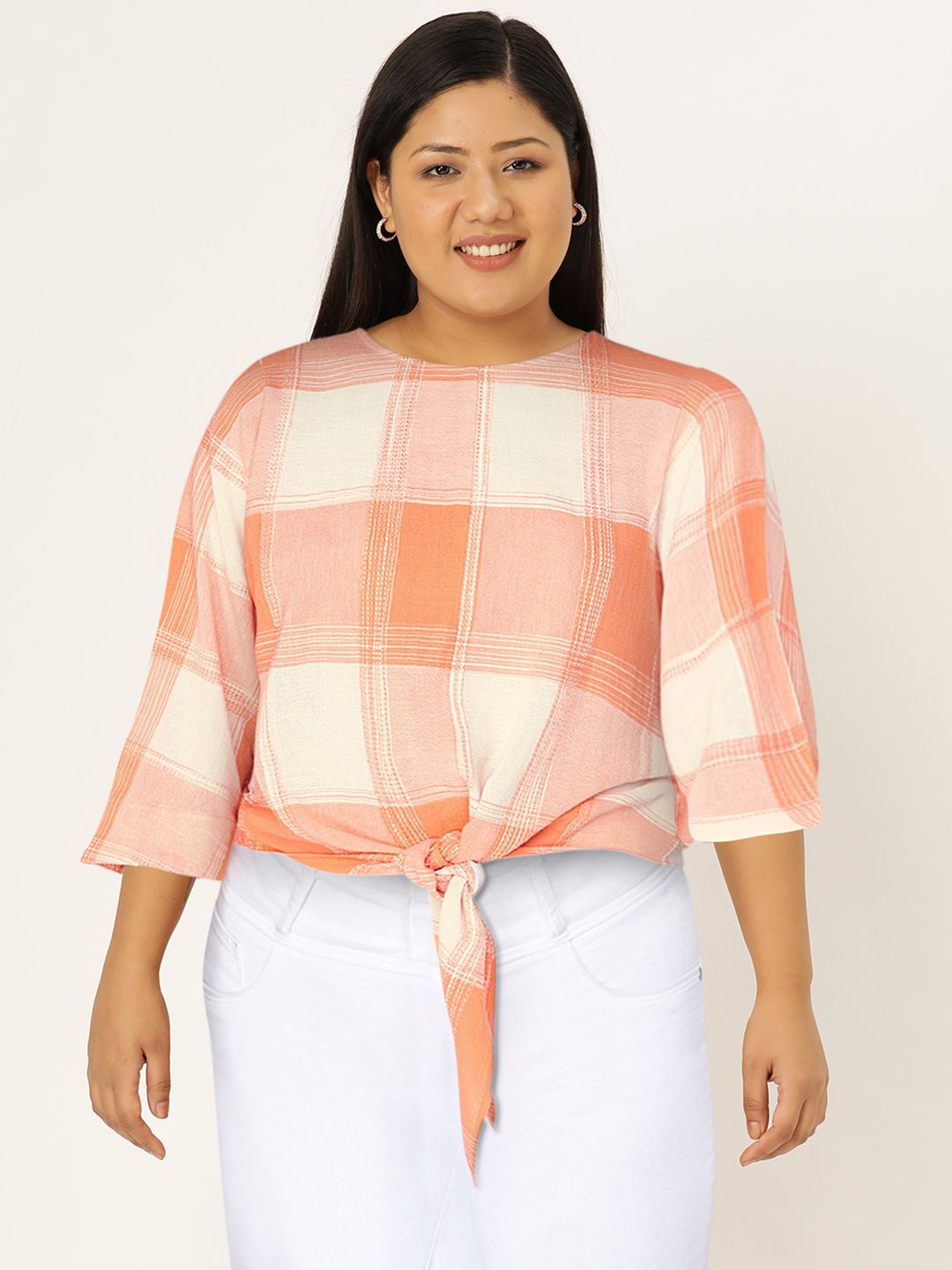 AND Women Orange & Beige Checked Pure Cotton Top with Front Knot