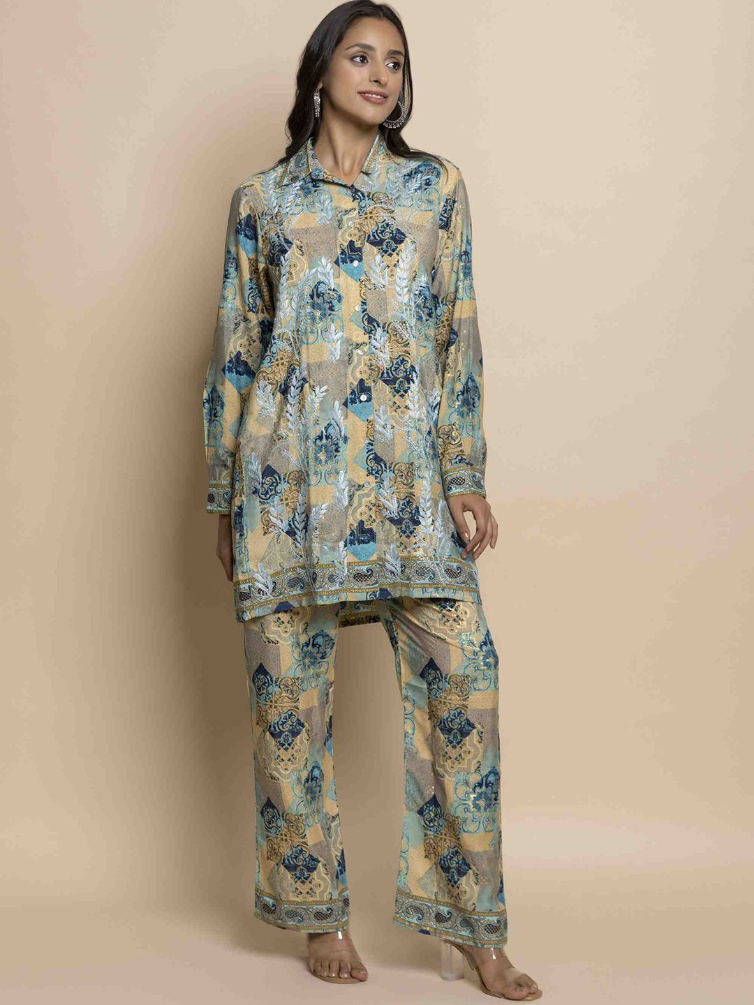 HOUSE OF KARI Printed Chikankari Shirt Collar A-line Tunic With Trousers