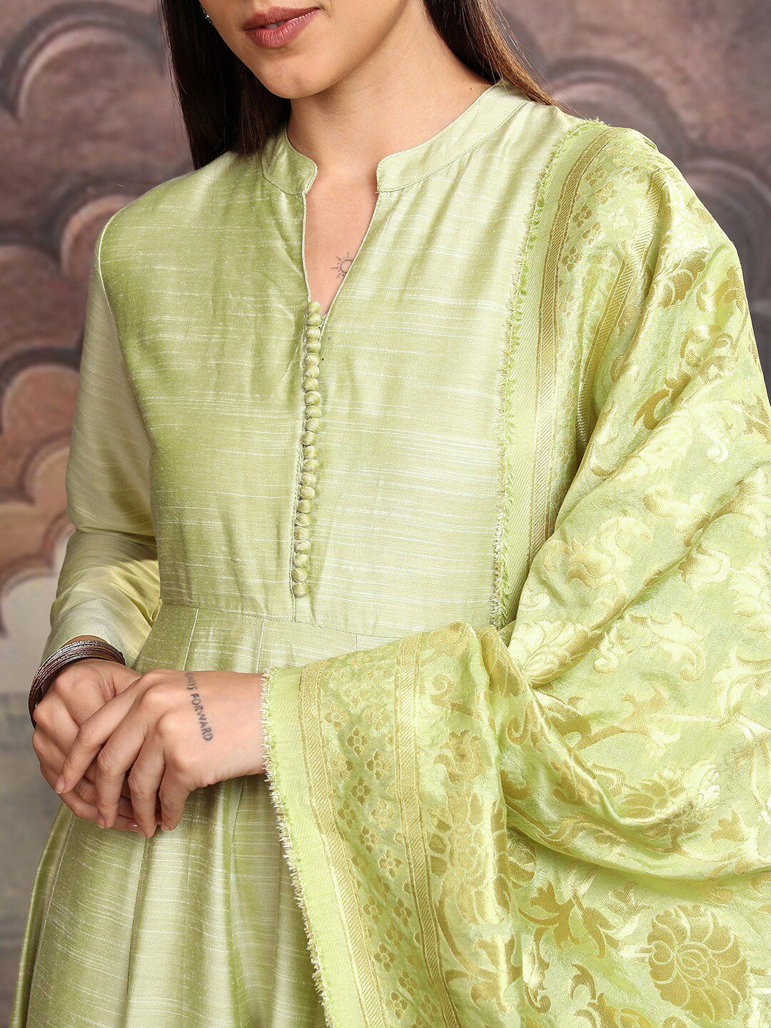 Vishudh Lime Green Mandarin Collar Gathered Or Pleated Cotton Maxi Dress With Dupatta