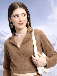 Tokyo Talkies Notched Lapel Collar Suede Crop Top With Trousers