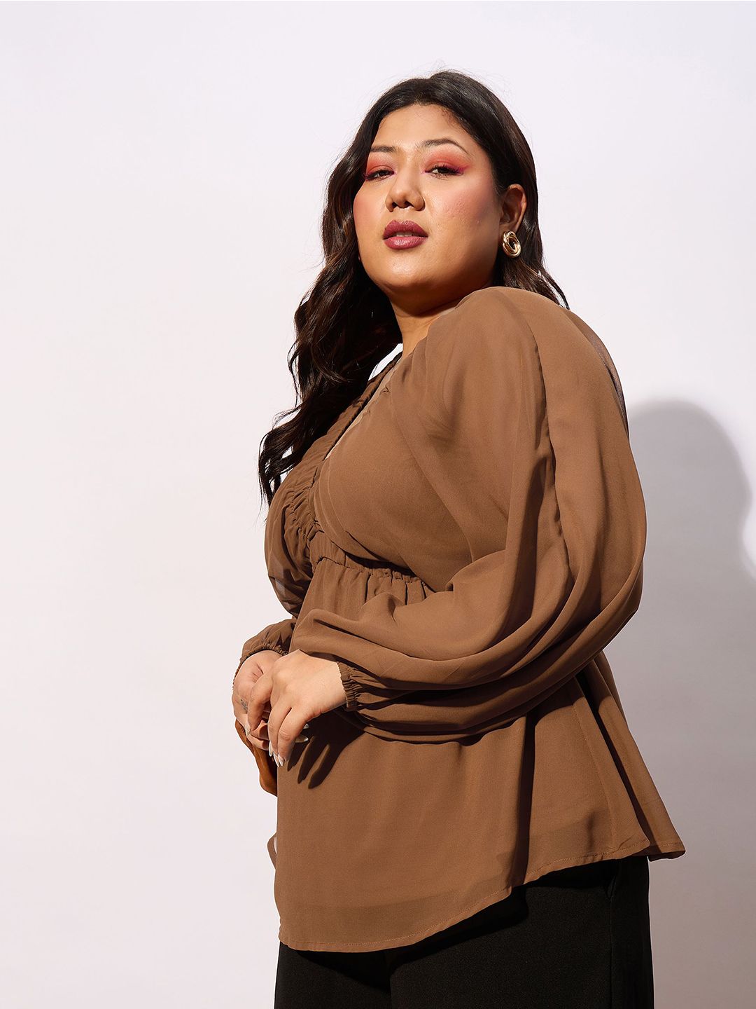 SASSAFRAS Curve Plus Size V-neck Batwing Sleeves Georgette Peplum Top