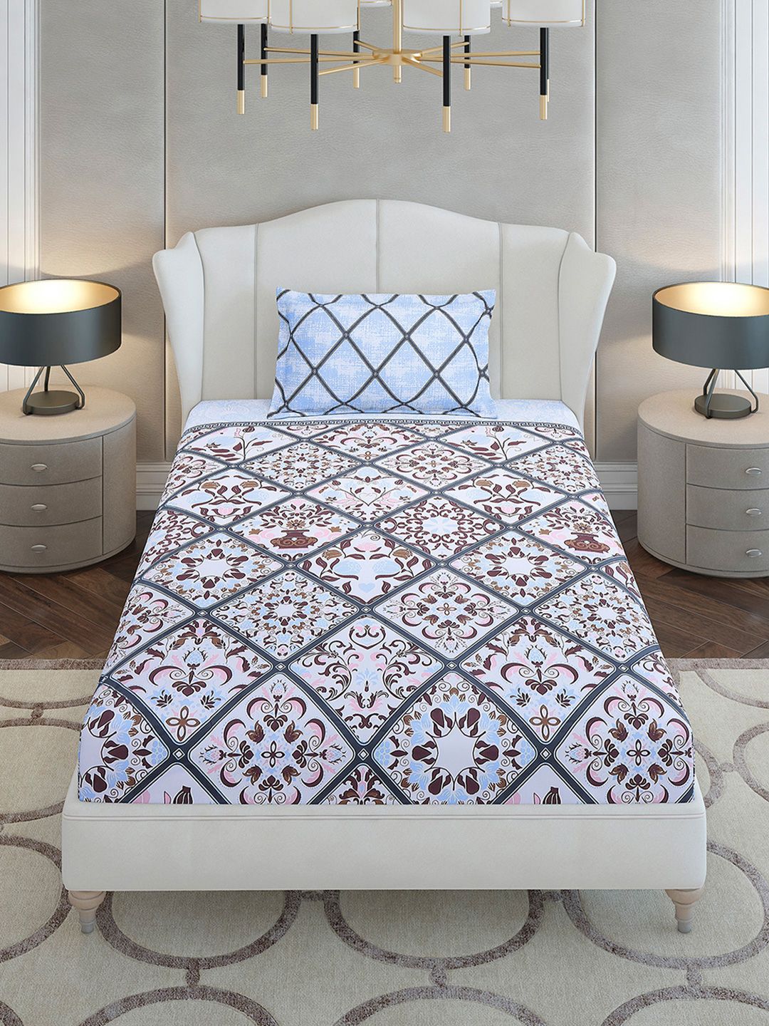 Monte Carlo Blue & Pink Floral Printed Cotton 144 TC Single Bedsheet Set 2.29 m x 1.52 m