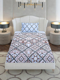 Monte Carlo Blue & Pink Floral Printed Cotton 144 TC Single Bedsheet Set 2.29 m x 1.52 m