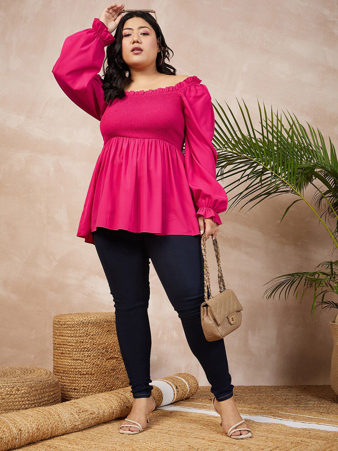 Curve Berrylush Plus Saiz Square Neck Smocked A-Line Regular Top