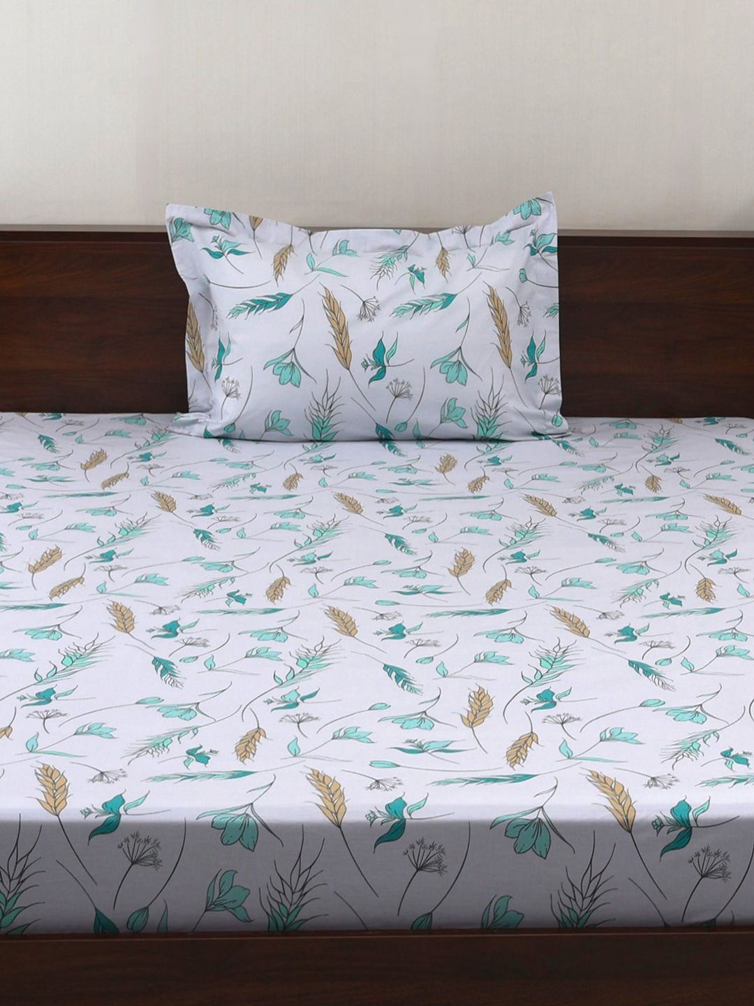BOMBAY DYEING Vintage Turquoise blue Printed Cotton 180 TC  Bedsheet Set 1.52 m X 2.28 m