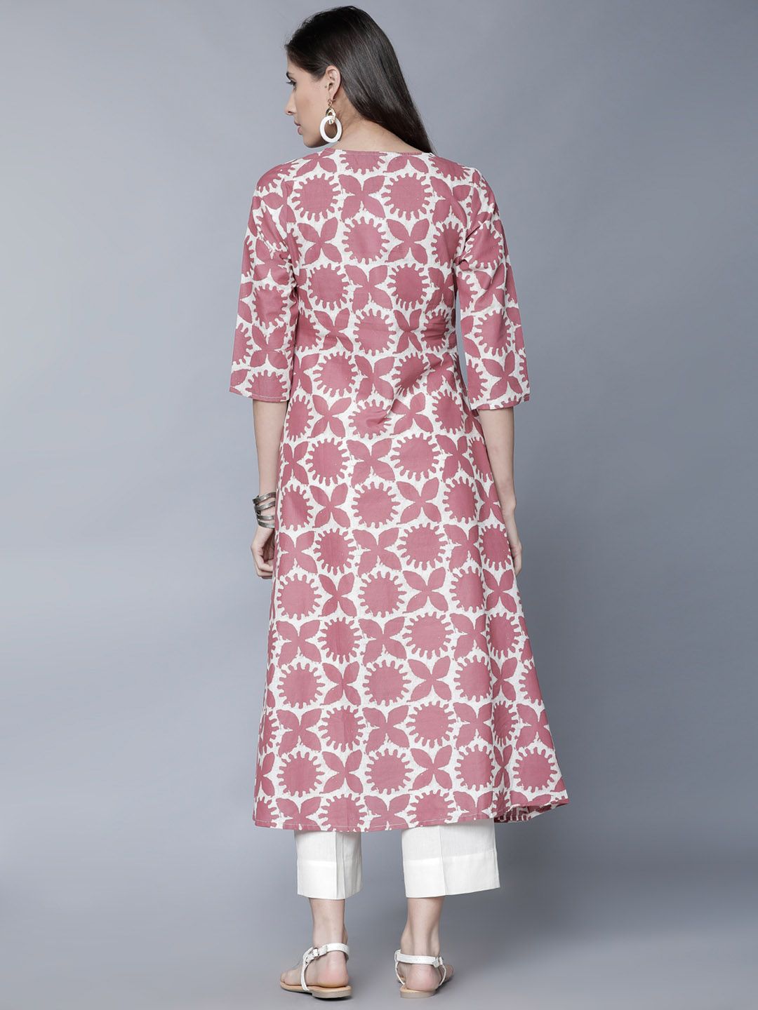 Vishudh Women Pink & Cream-Coloured Printed A-Line Kurta