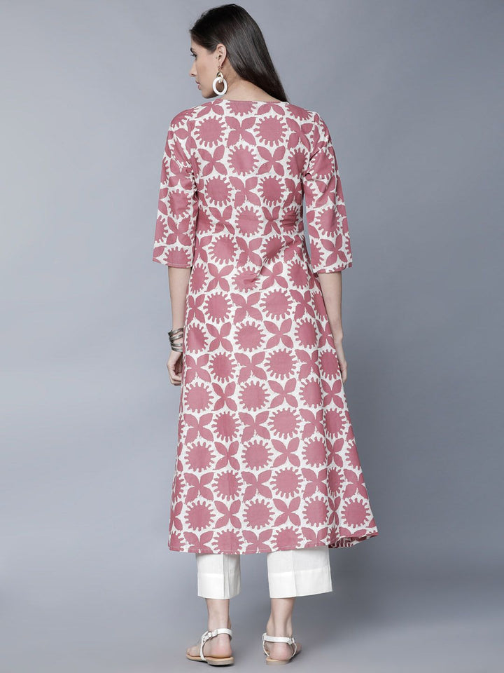 Vishudh Women Pink & Cream-Coloured Printed A-Line Kurta