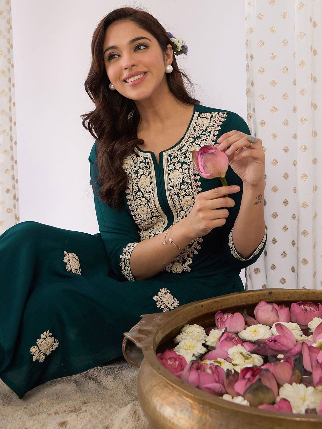 Indo Era Embroidered Round Neck Tunic With Trouser