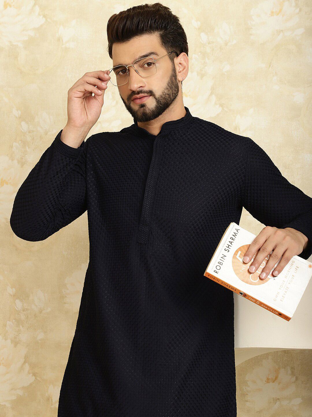 SOJANYA Kolar Mandarin Sulam Geometrik Lengan Panjang Kurta Kapas Tulen Dengan Churidar