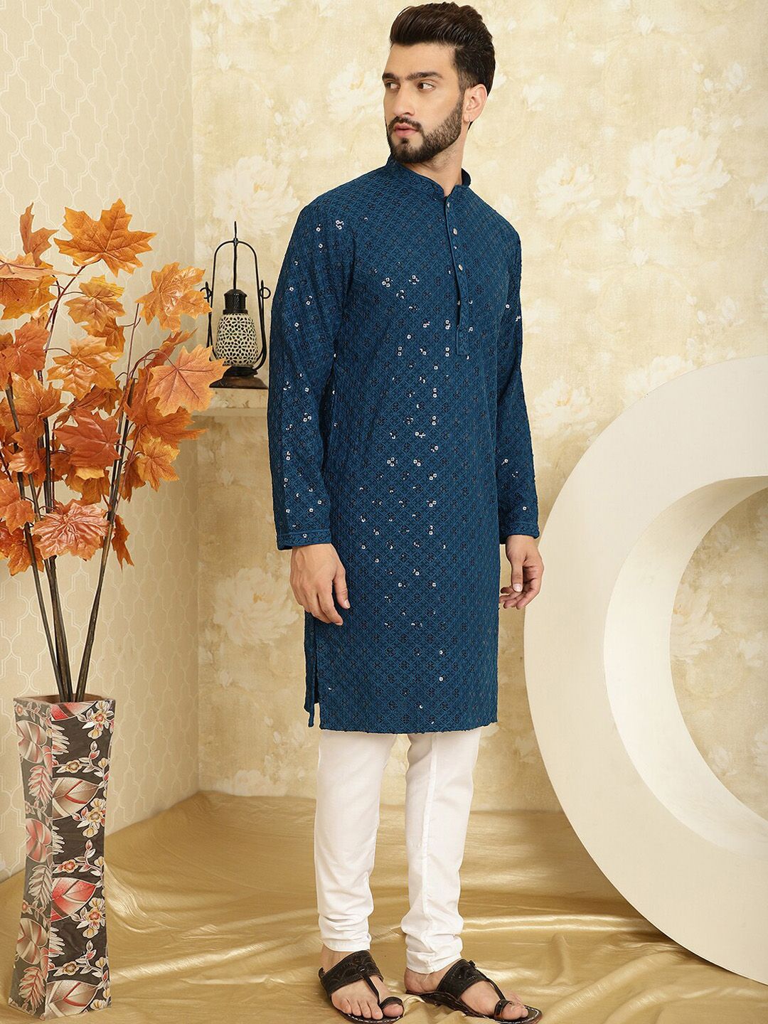 SOJANYA Embroidered Sequinned Pure Cotton Kurta with Pyjama Set