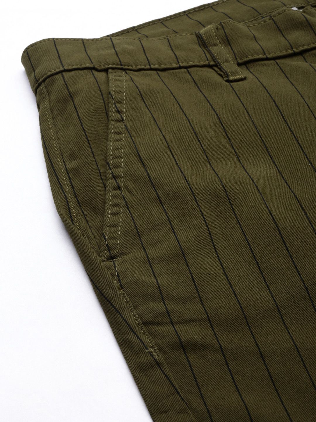 The Indian Garage Co Men Olive Green Striped Slim Fit Chinos Trousers