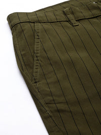 The Indian Garage Co Men Olive Green Striped Slim Fit Chinos Trousers