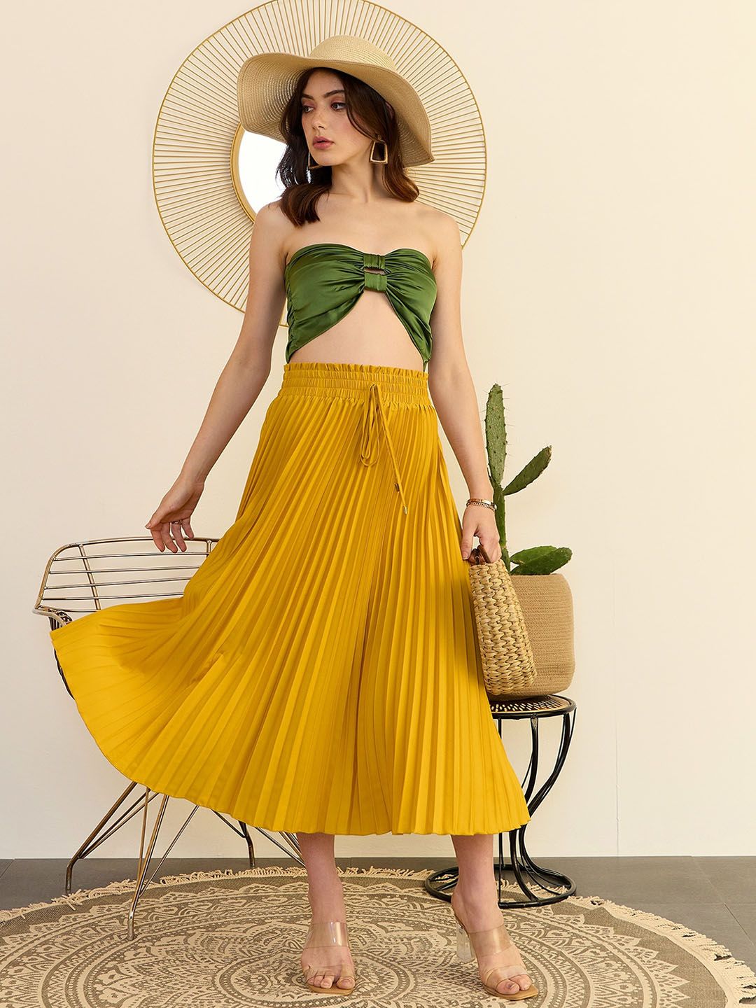 Berrylush Yellow High-Rise Accordion Pleat Flared Midi Skirt