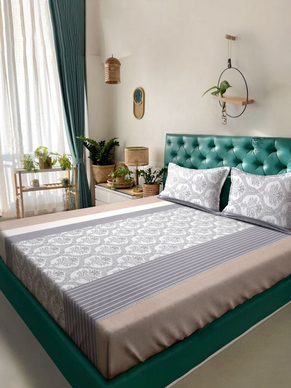 KLOTTHE White Floral Cotton 300 TC King Fine Bedsheet with 2 Pillow Covers-98 x 89 inches