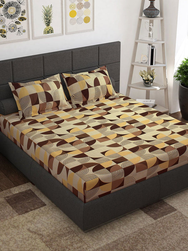 Story@home Brown Yellow Geometric 144 TC Pure Cotton Queen Bedsheet with 2 Pillow Covers