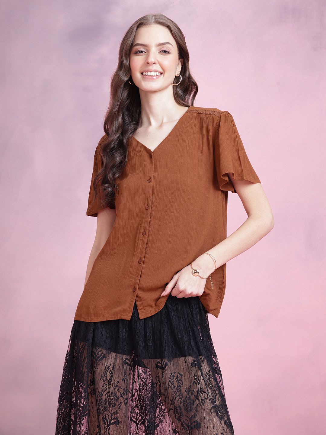 DressBerry Flutter Sleeve Crinkle Effect Shirt Style Top