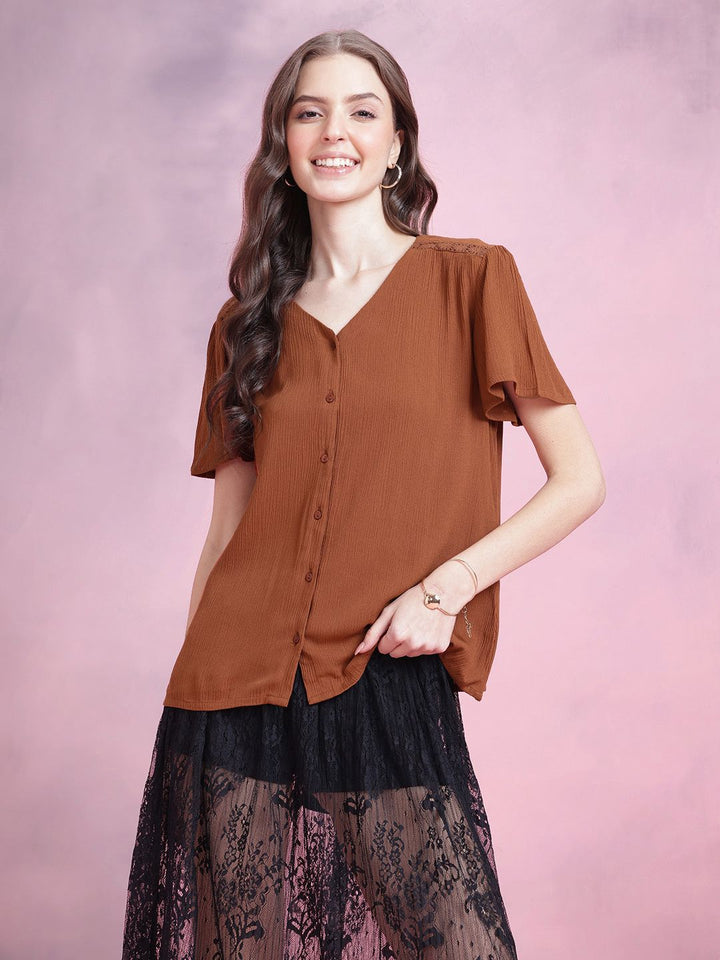 DressBerry Flutter Sleeve Crinkle Effect Shirt Style Top