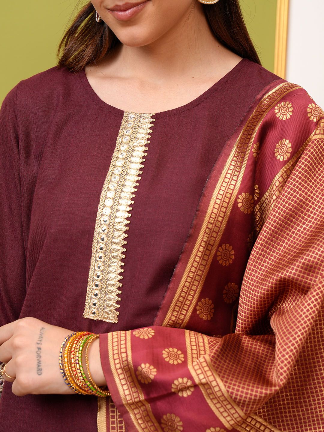 Vishudh Burgundy Yoke Design Thread Work Straight Kurta & Palazzos With Dupatta